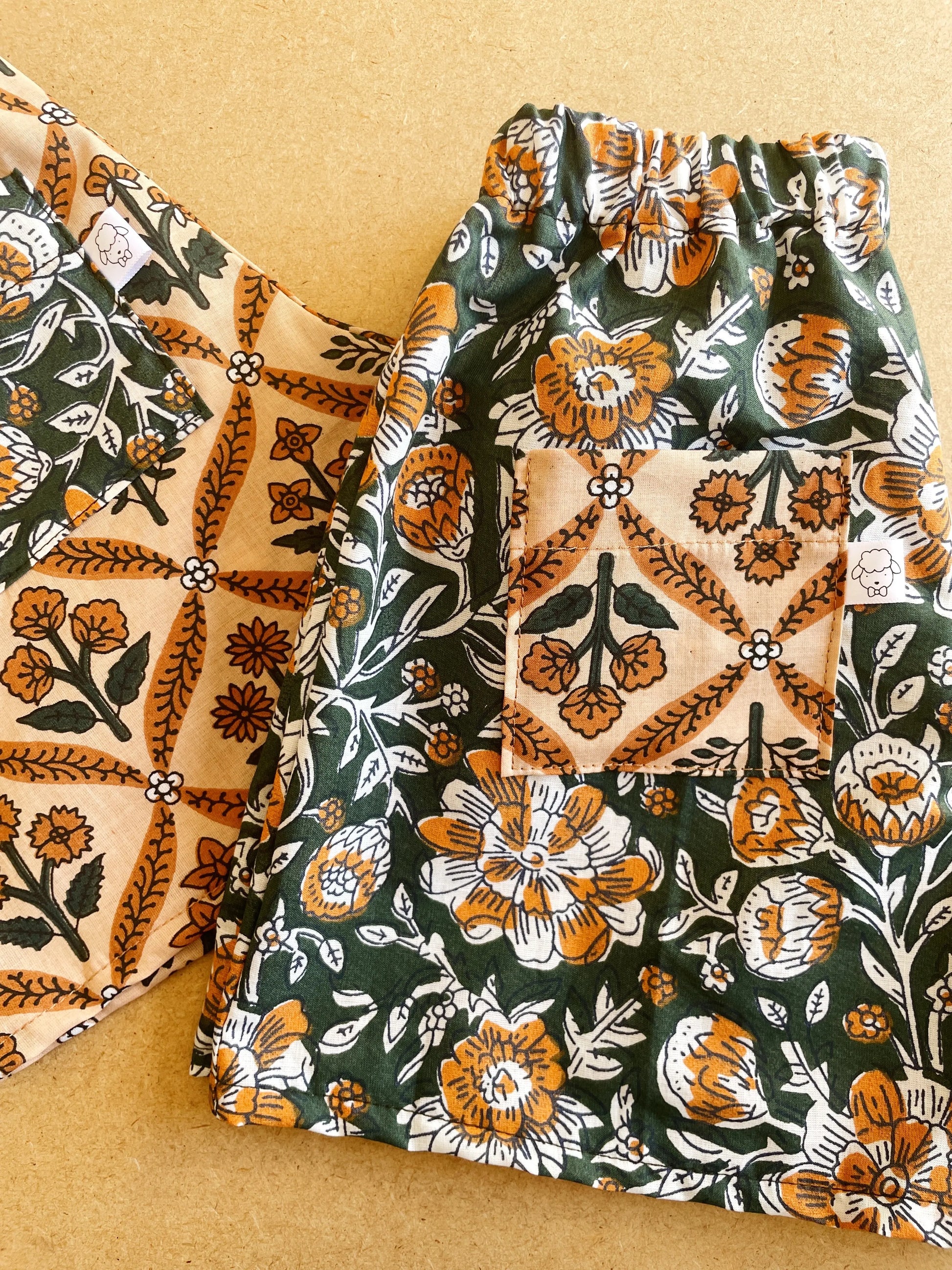 Malo, le short bébé et enfant (6 mois - 6 ans) "blockprint vert" MOUSSE ET COMPAGNIE