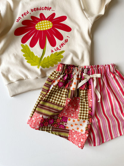 Malo, le short bébé et enfant (6 mois - 6 ans) "Rayé Rose Rouge et Patchwork"